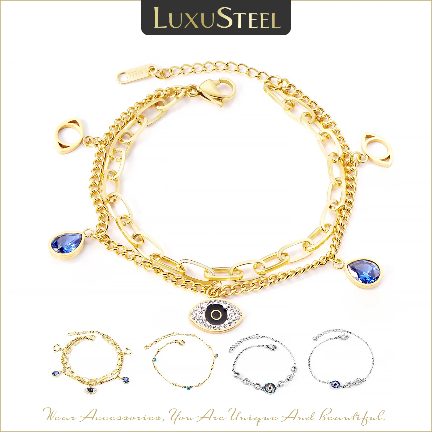 LUXUSTEEL Stainless Steel Blue Evil Eye Crystal Pendants Bracelet for Women Cuban Link Chain Bracelet Bling Fashion Jewelry Gift