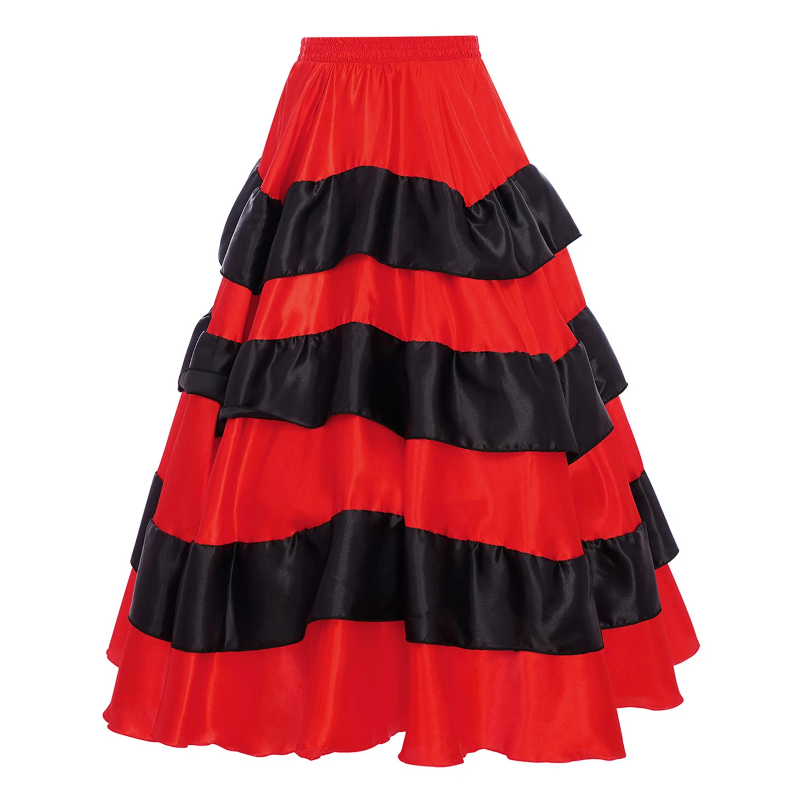 Kids Girls Flamenco Dance Spanish Paso Doble Skirt Tiered Ruffles Wide Hem 180 Degrees Satin Skirts for Latin Ballroom Tango