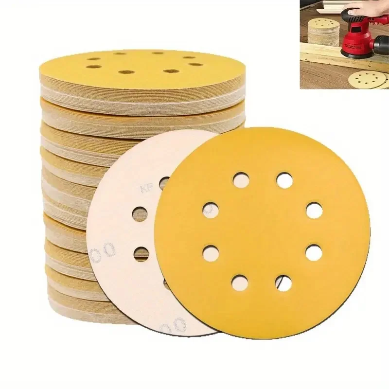 10/50/100 قطعة ورق الصنفرة الأصفر مع 8 ثقوب هوك حلقة الصنفرة 60-800 فريك 5 بوصة الرملي القرص أدوات جلخ #1