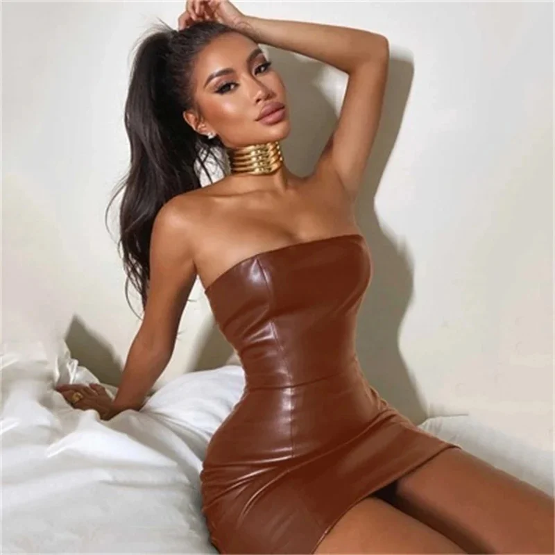 女性用サマーストラップレスPUレザーボディコンブラックミニドレスセクシーなスリムヒップハグサンドレス、ナイトクラブパーティーデートナイトに最適