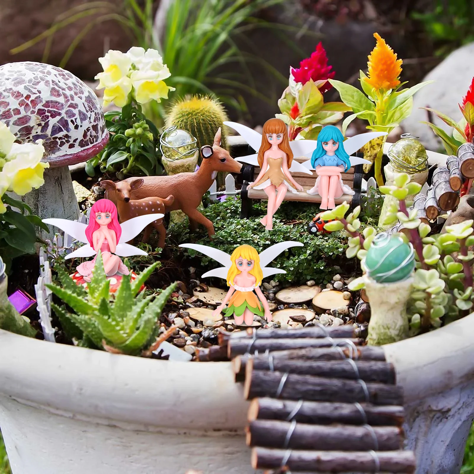 

4pcs Adorable Flower Fairy Statues Miniature Garden Decor Micro Landscape Ornament For Home Bonsai Potted Plant Decoration