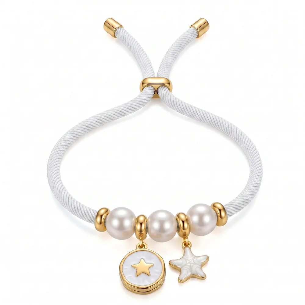 Women Milan Rope Bracelet Star & Starfish Charm Imitation Pearl Adjustable Bangle Couple Best Friend Gift Jewelry