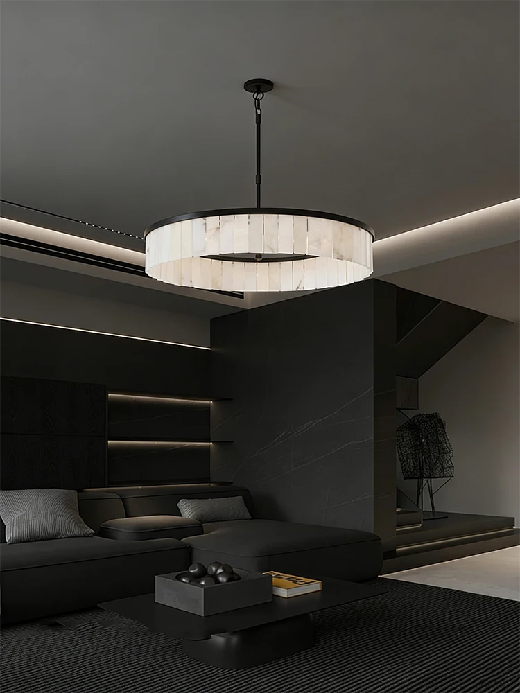 Modern Black Gold Natural Marble Chandelier Lights, Round Alabaster Hanglamp for Living Room Foyer Decor Lamparas Lampen