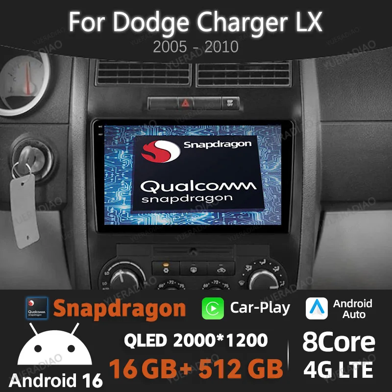 Radio para Auto Android 16 para Dodge Charger LX 2005 - 2010, para Dodge Magnum 2 2003 - 2007, Unidad Principal QLED GPS NAVI Qualcomm 4G WIFI BT