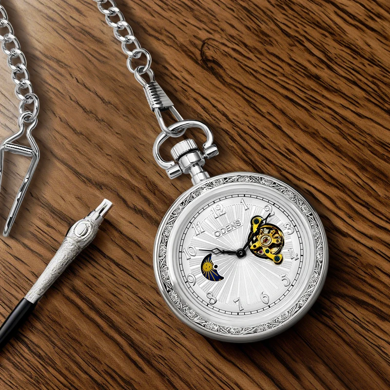 A sun, moon and stars mechanical watch with a beautiful pattern on the back cover Equipped with a thickened chain This mechanica