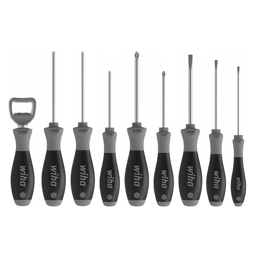 Wiha 9Pcs Screwdriver Set SoftFinish with Bottle Opener for Slotted and Phillips Screws The Anti-roll Protection 46544