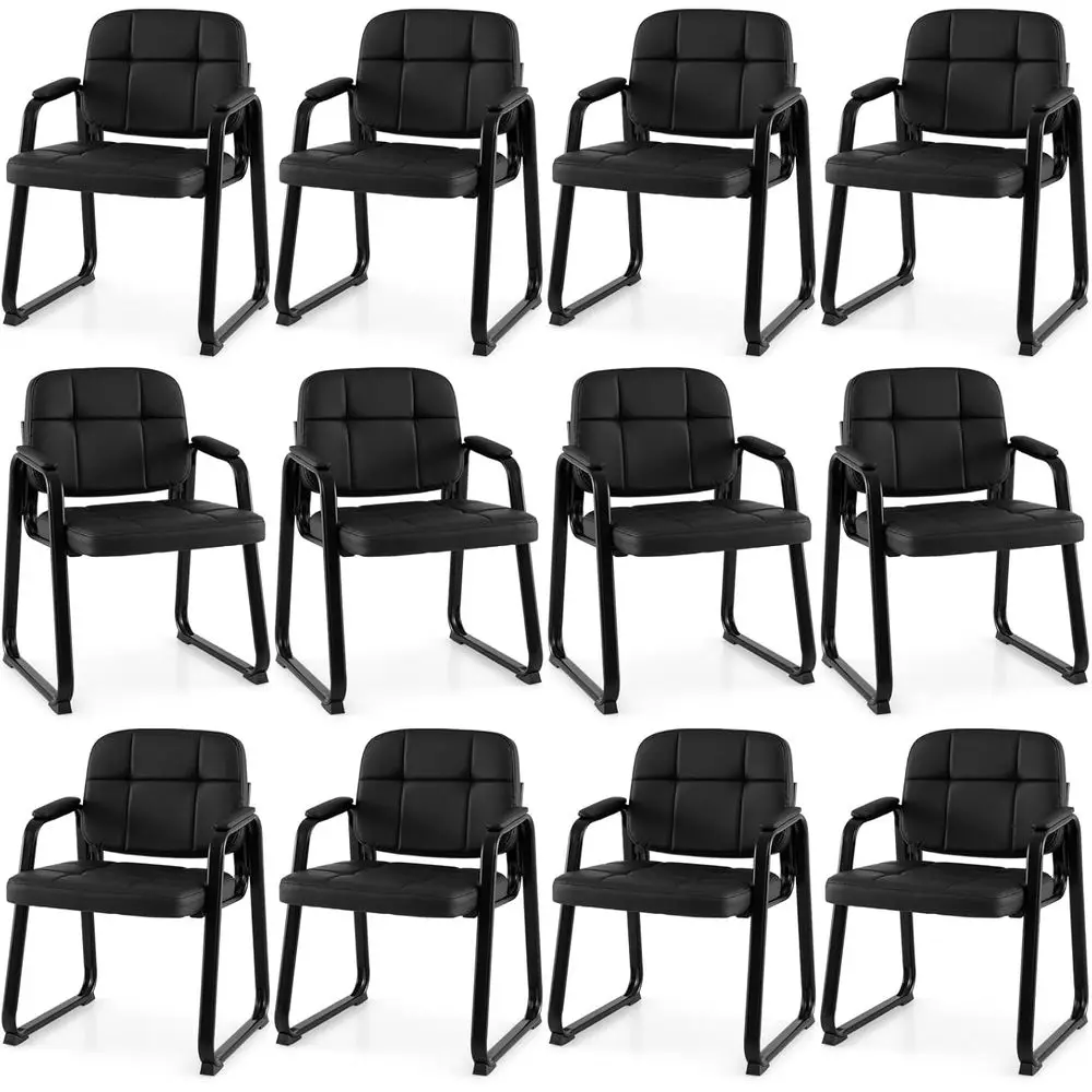 

12-Piece Leather Office Chairs Set with Padded Armrests, Sled Base, for Stationary Use in Meeting Rooms, Lobby, Home, Black