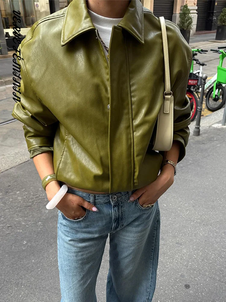 

Женские пальто-бомберы, однотонная кожаная куртка на молнии с лацканами, осень 2024, женские пальто с отложным воротником и длинными рукавами, шикарная женская верхняя одежда