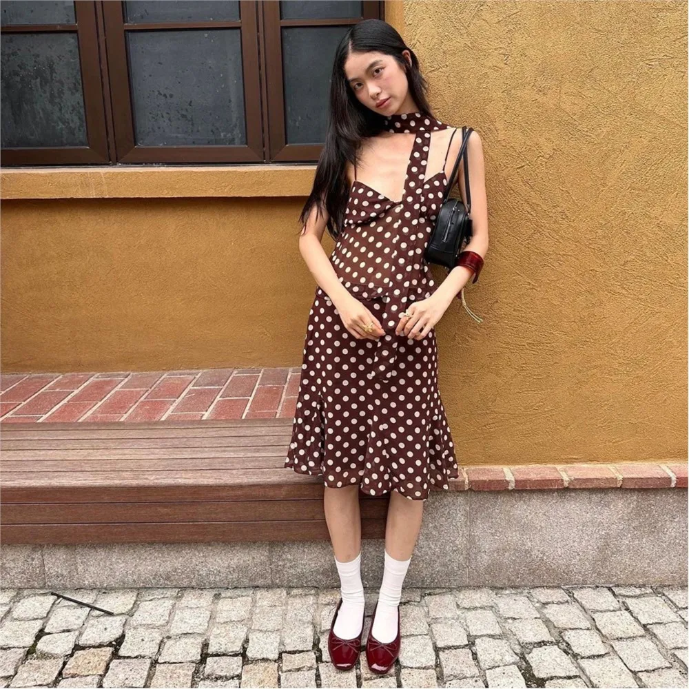 Summer Woman 2 Piece Set Outfit New Polka Dot Sleeveless Slim Top Polka Dot High Waist Temperament Skirt Sexy Backless Casual