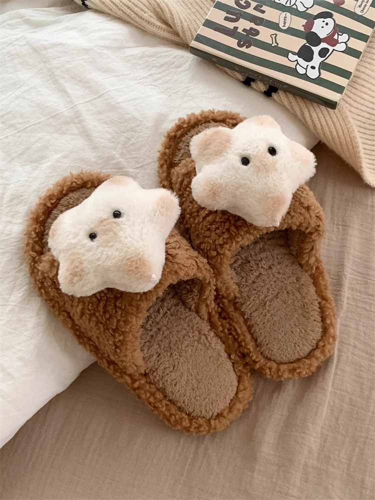 Women Slippers Indoor Anti Slip Cute Star Shaped Cotton Slippers Comfortable And Warm Autumn And Winter Flat Woolen Slippers