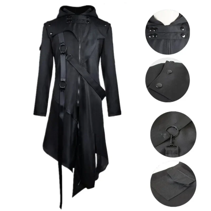 Disfraz Medieval para hombre, gabardina gótica Victoriana, chaqueta negra Steampunk, Sudadera con capucha, abrigo de diseño Irregular, uniforme de Halloween