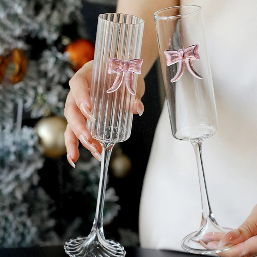Bowknot Glass Cup Pink Butterfly Goblet Cute Cups For Juice Wine Drinkingware Ice Cream Dessert Cup Elegant Champagne Glasses