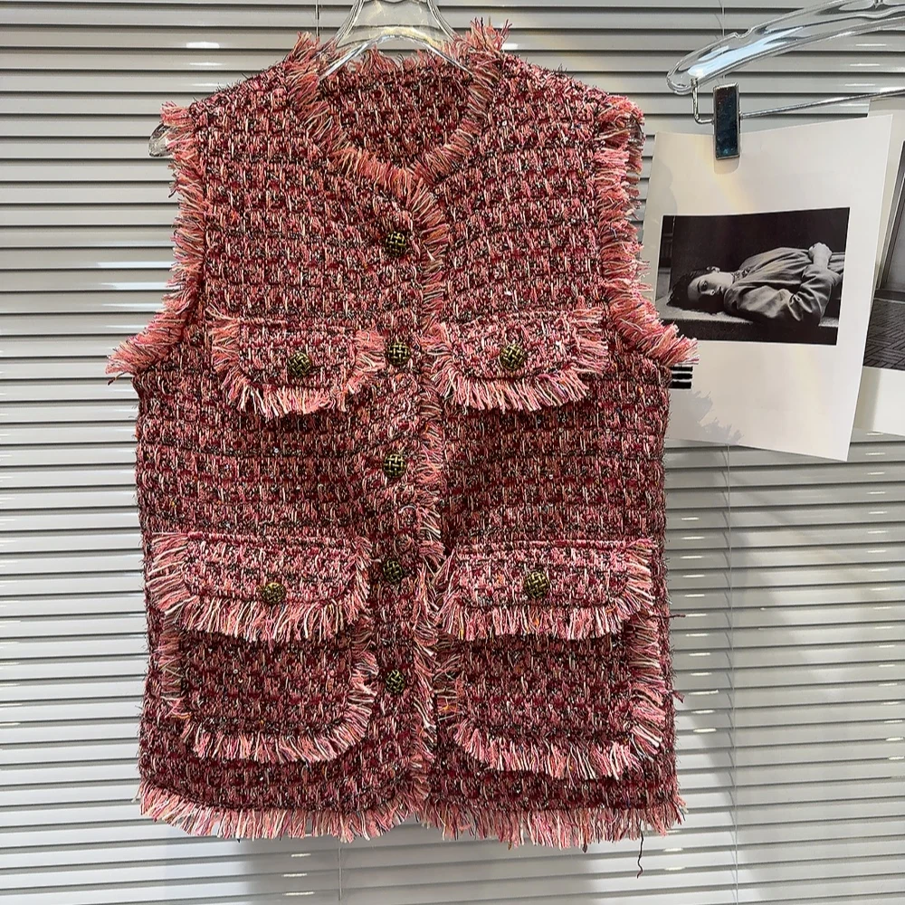 Autumn 2026 New Style Small Fragrance Wind Thickened Tweed Knitted Fringe Elegant Lady Vest Outerwear round Neck Single Button