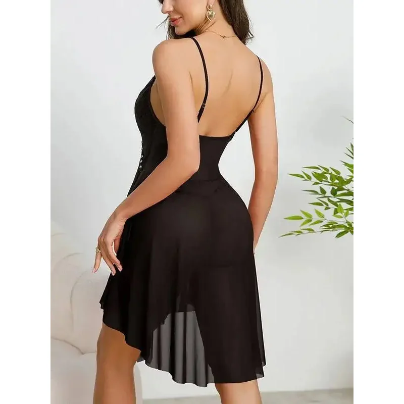 Sexy Nachthemd mit Spitzenträgern, mit Perlen verziert, durchsichtiges Netz, direkte einfarbige, rückenfreie, tiefe V-Hosenträger, ärmelloses Kleid