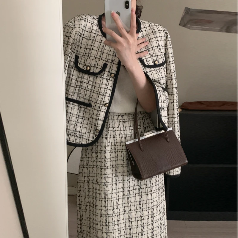 High Quality Small Fragrance 2 Piece Sets Women Outfit Tweed Long Sleeve Coat + Long Skirt Elegant Women's Suit Korean Fashion