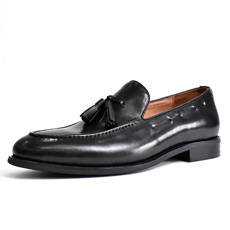

British Gentleman Retro Casual Trendy Business Dress Leather Shoes Men's Tassel Genuine Leather Slip on Loafers Male Oxfords