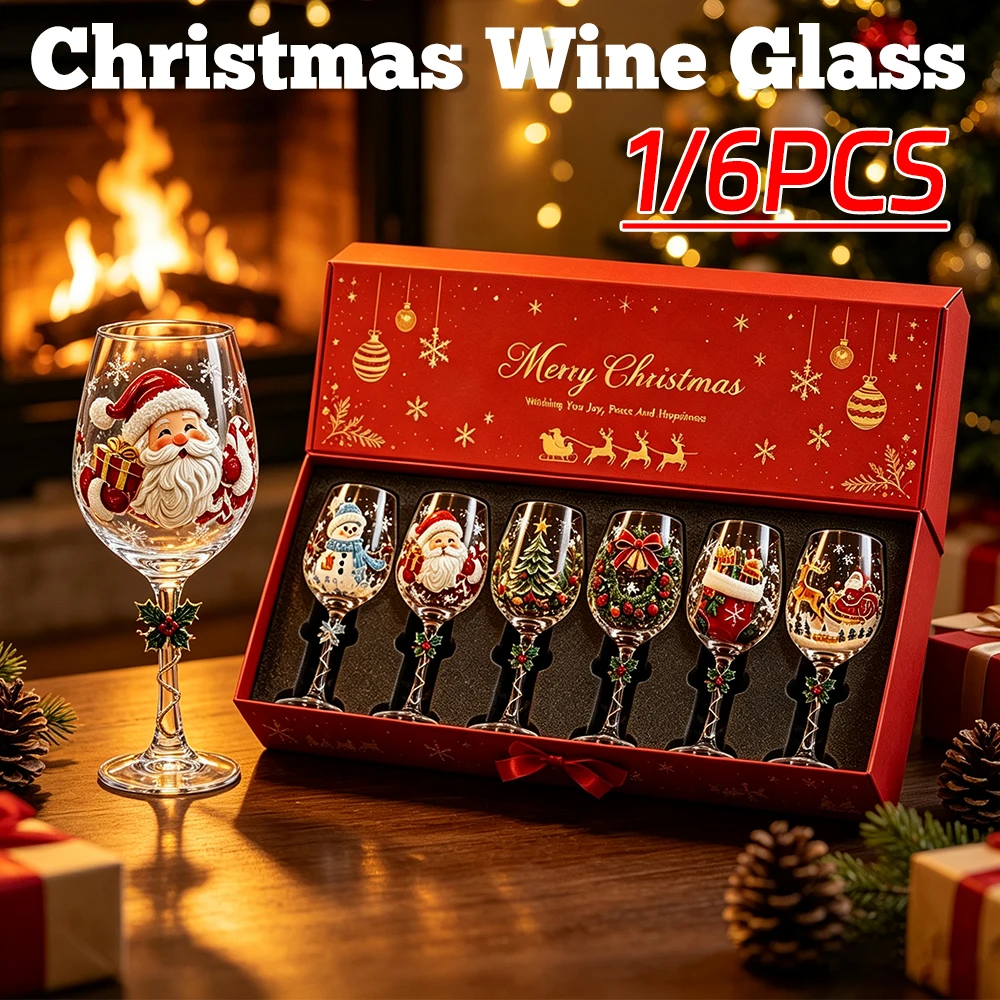 Christmas Snowflake 3D Embossed Xmas Goblet Luxury Wine Glasses Santa Snowman Reindeer Stocking Tree Wreath Xmas Table Decor ﻿