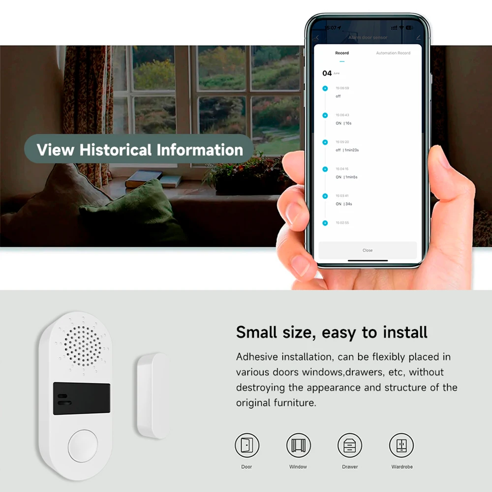 Tuya WiFi Smart Door Window Sound Sensor Smart Home Security Alarm System with Light Alarm Timing APP Remote Control Door Alarms