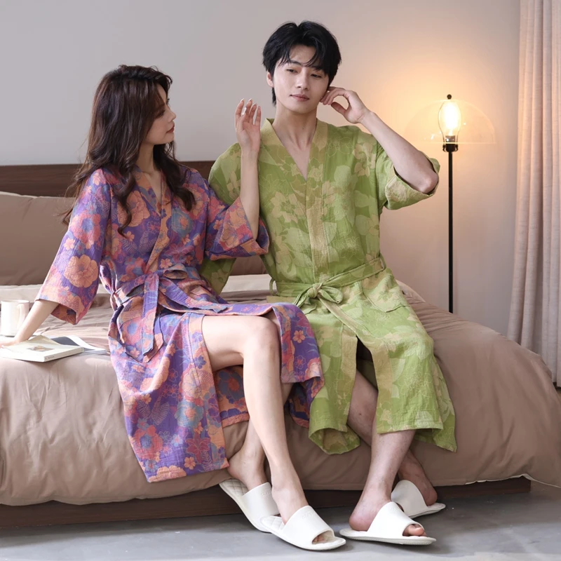 Summer Waffle Cotton Bath Robe Dressing Gown Unisex Men Solid Sleepwear Lounge Bathrobe Bride Peignoir Nightgowns Lovers Robes