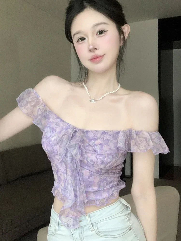 

Korean Sexy Tops Cropped Floral Camis Women Sweet Off Shoulder Elegant Tanks Fashion Ruffles Lady Slash Neck Casual Beach