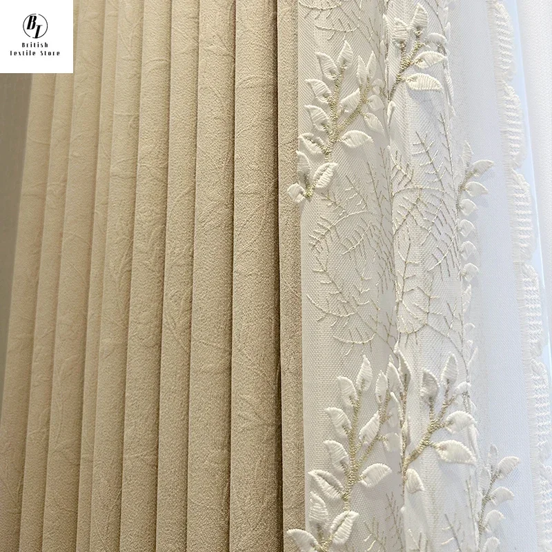 

Custom Size！！ American Villa Embossed Luxury Jacquard Chenille Lace Stitching Curtains for Living Dining Room Bedroom Decor
