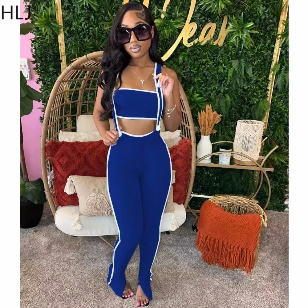 HLJ Spring New Strap Skinny Pants Two Piece Sets Women Off Shoulder Backless Tube And Pants Outfits Female 2pcs Streetwear 2024