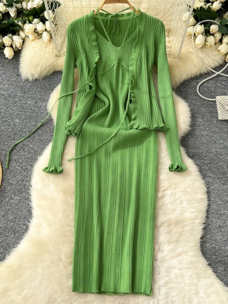 Vintage Sexy Knitted 2-piece Dress Set Women Crop Cardigan Halter Spaghetti Strap Bodycon Midi Dress Autumn New Female Clothings