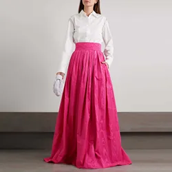 Elegant Fuchsia Evening Maxi Skirt With Pockets Pleated Taffeta Sweep Train Long Party Skirt Custom Made Hot Pink Ladies Skirt