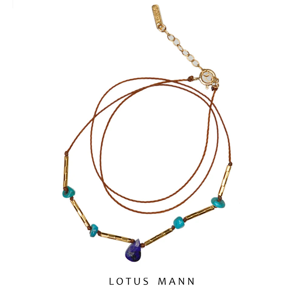 

Water drop lapis lazuli fine hemp rope woven natural turquoise necklace lotus mann