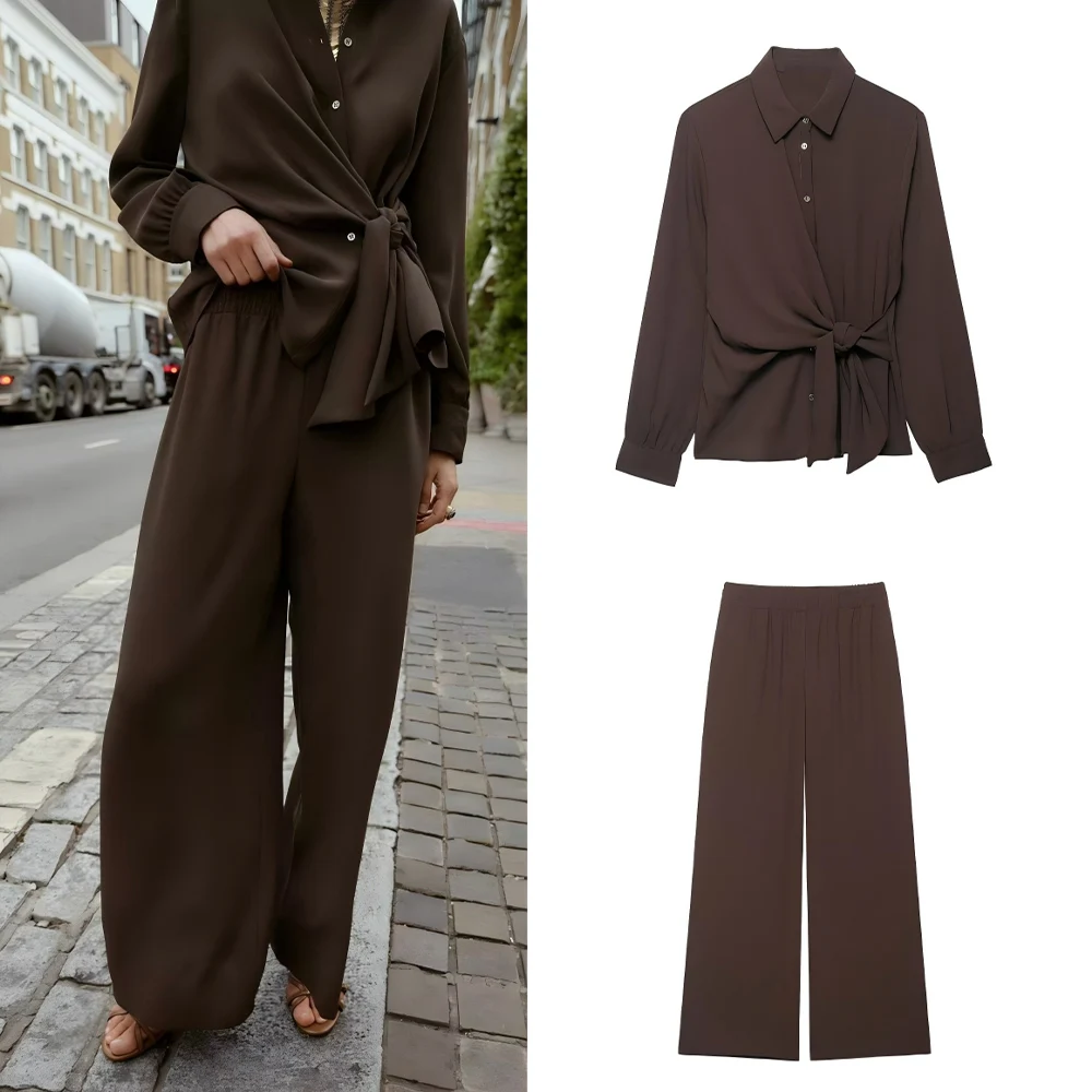 

Women's new fashion knot decoration casual lapel Zou cloth top retro long sleeved button up women's shirt chic top+Pants suit