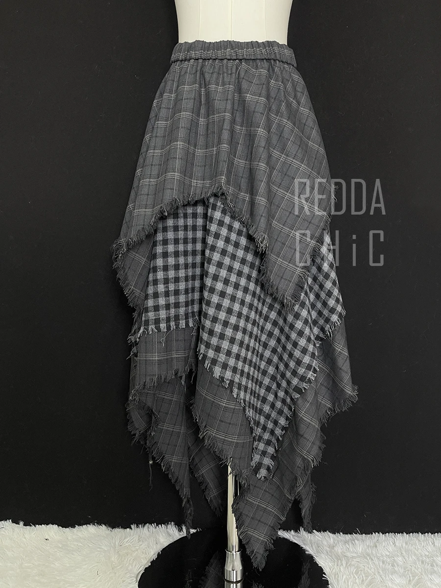 ReddaChic Alt Goth Contrast Plaid Skirt Grunge Retro Elastic Waist Raw Edge Irregular Ruffle Long Skirt Plus Size Women Clothes