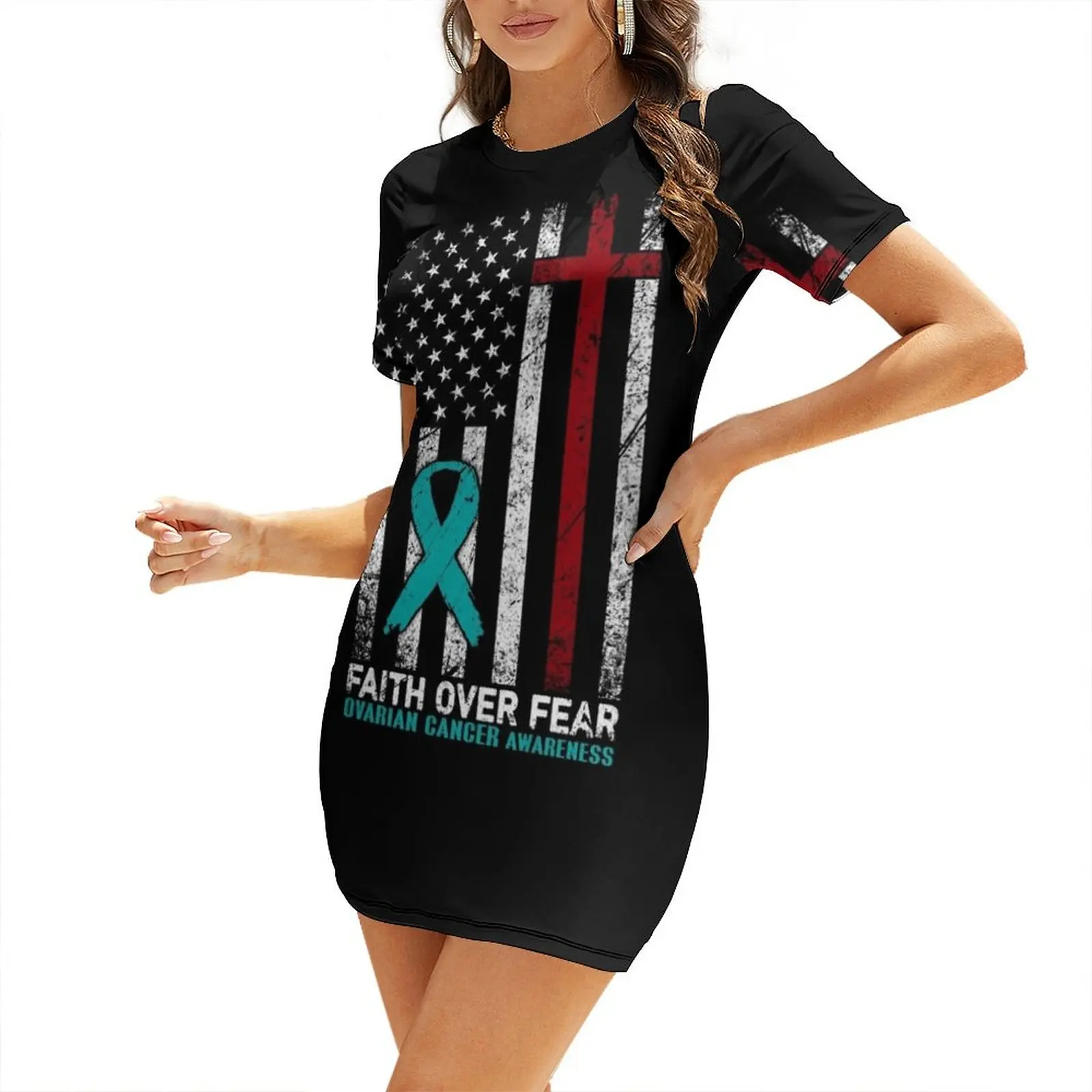 

Christian Distressed USA Flag Cross Faith Over Fears Ovarian Cancer Awareness Short-Sleeved Dress dress women summer Dress