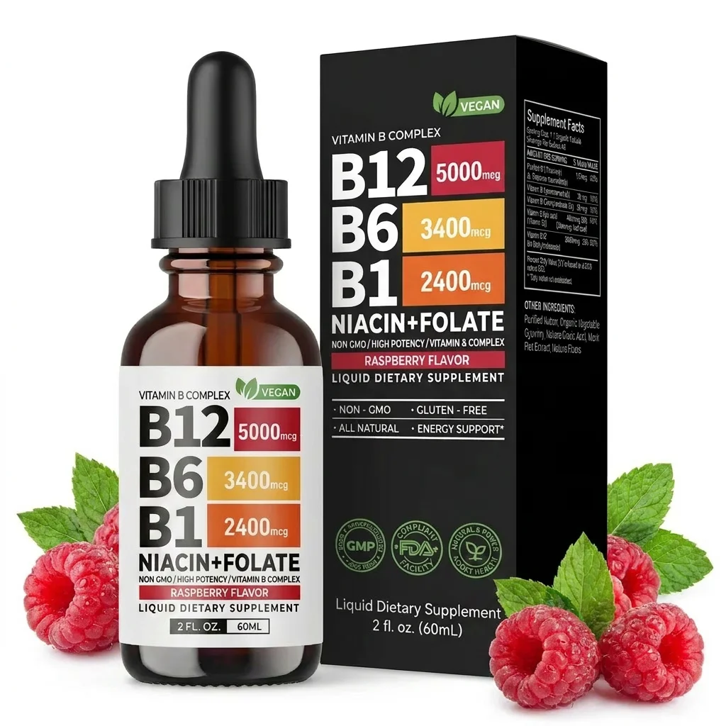 Liquid Vitamin B Complex + Niacin + Folate, Non-GMO, High Potency Raspberry Flavor Dietary Supplement for Energy & Nerve Support