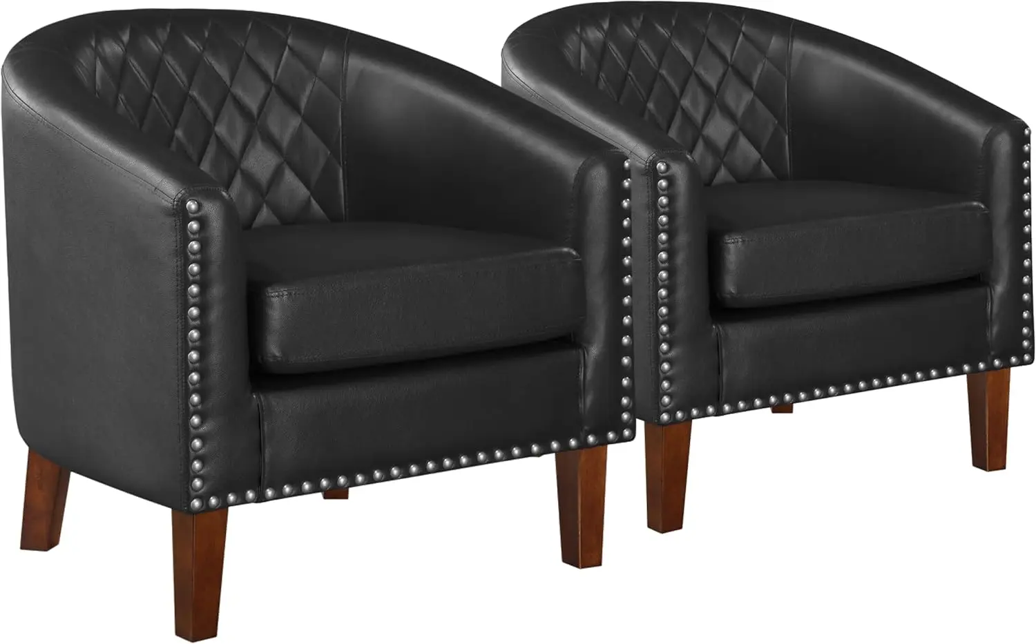 Prilinex Comfy Barrel Accent Chair Set Of 2 - Faux Leather Living Room Chair Club Chair With Cushion, Diamond Grid Backrest &