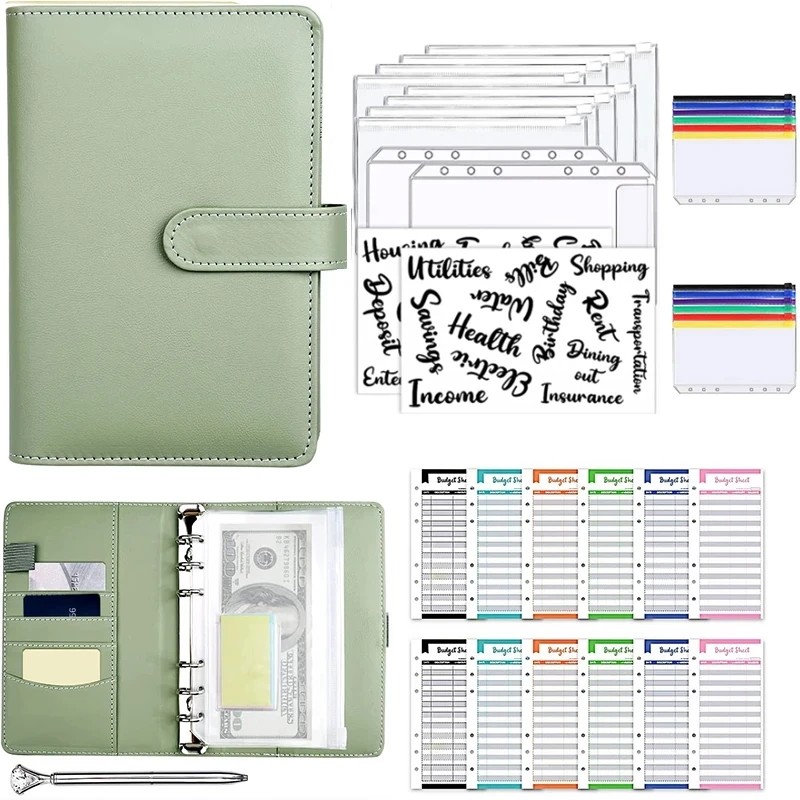 notebook de couro com ziper a6 planejador fichario pagina interna envelopes dinheiro orcamento organizador de dinheiro orcamento de dinheiro adesivos pu 01