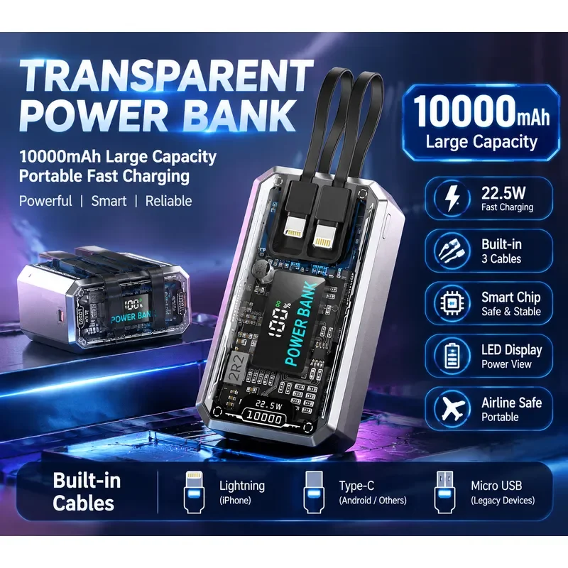 Cool Mecha Transparent Power Bank 20000mAh with Built in Cable LED Light 66W PD Fast Charging Portable Mobile Phone Charger
