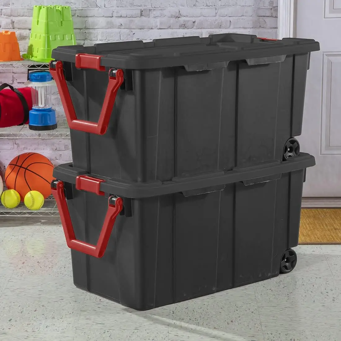 

Plastic 40 Gallon Lidded Home Storage Bins Durable Stackable Industrial Containers Organizing Tote Tub Box Set of 2 Garage