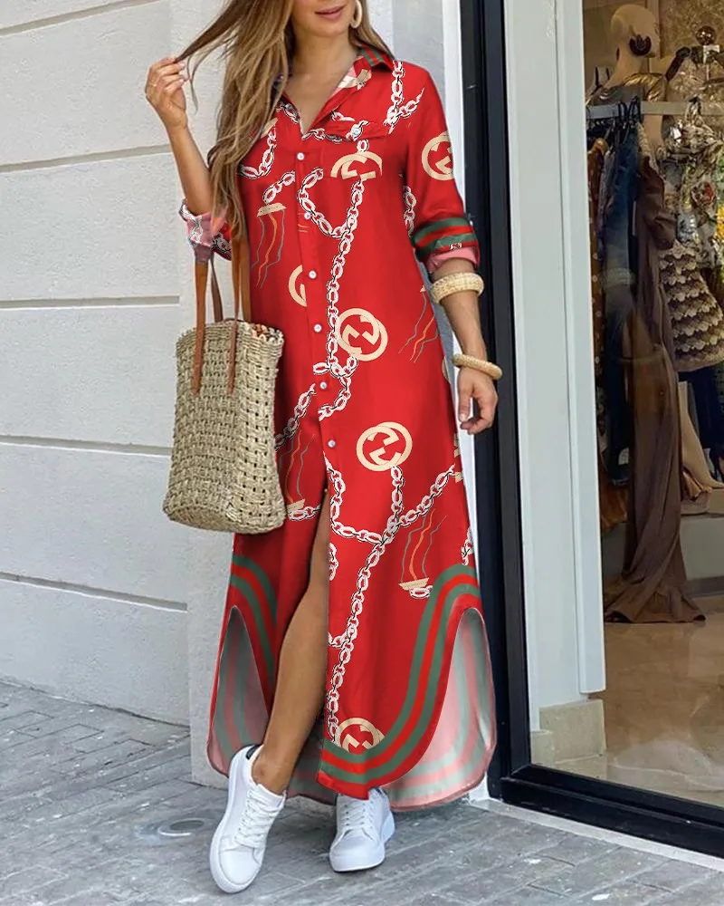 

Women's Shirt Style Split Midi Dress Button Front and Long Sleeve Stylish Casual Dress