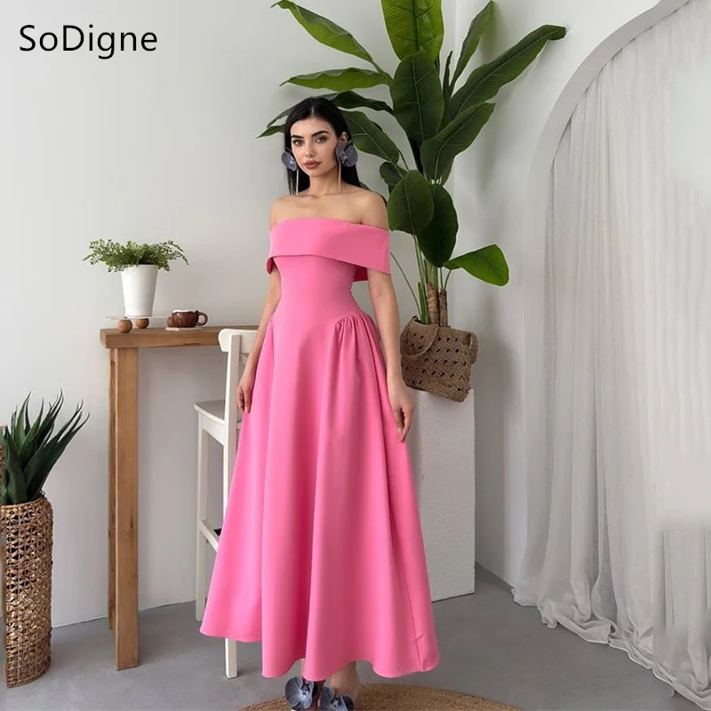 

SoDigne Hot Pink A-Line Prom Gowns Off Shoulder Deep Strapless Prom Dresses Ankle Length Gathering Party Dresses 2025 Customized