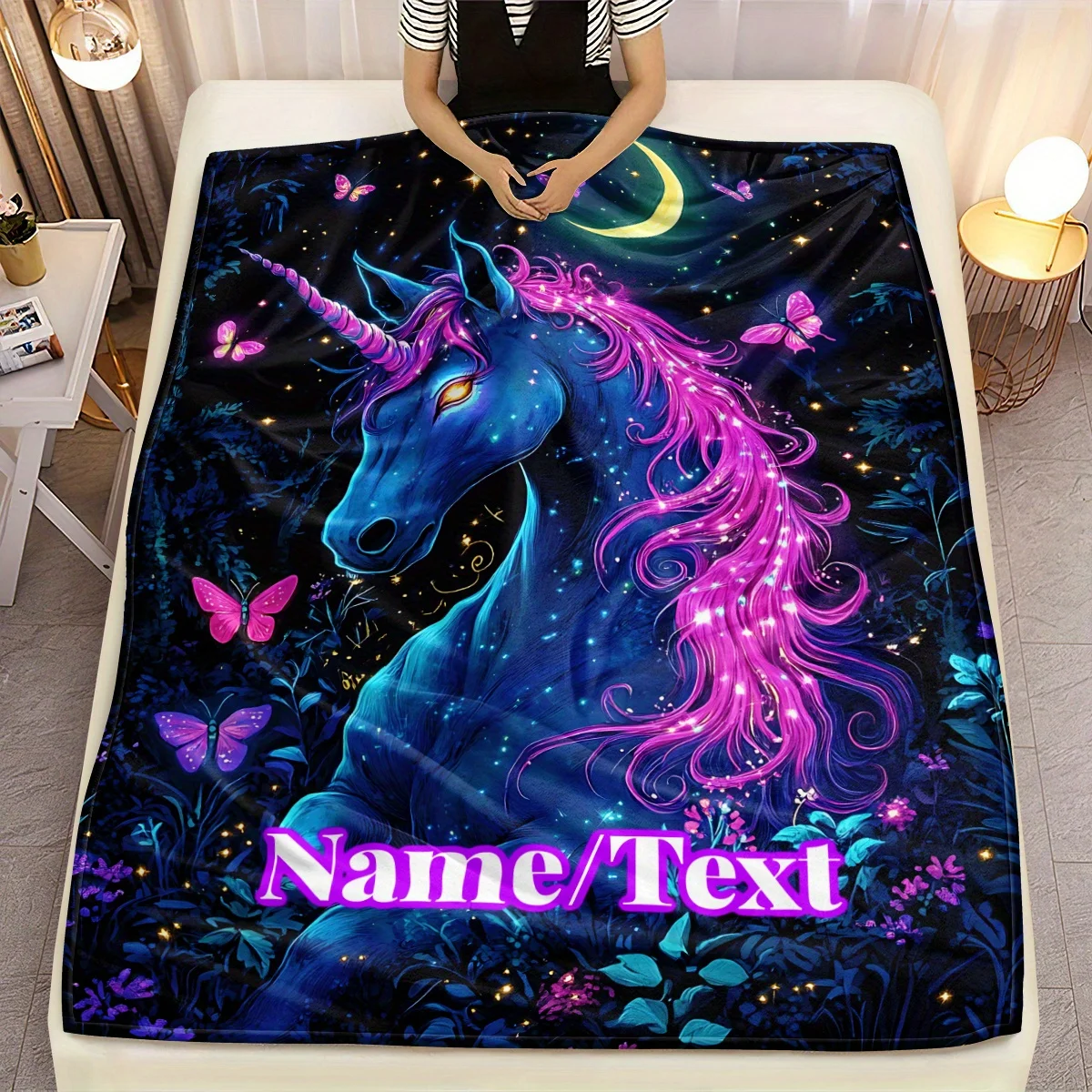 Einhorn-Decke, weicher, warmer Flanell-Überwurf mit magischem Wald-Aufdruck, leichte Bettwäsche für Sofa, Bett, Reisen, Camping und Heimdekoration
