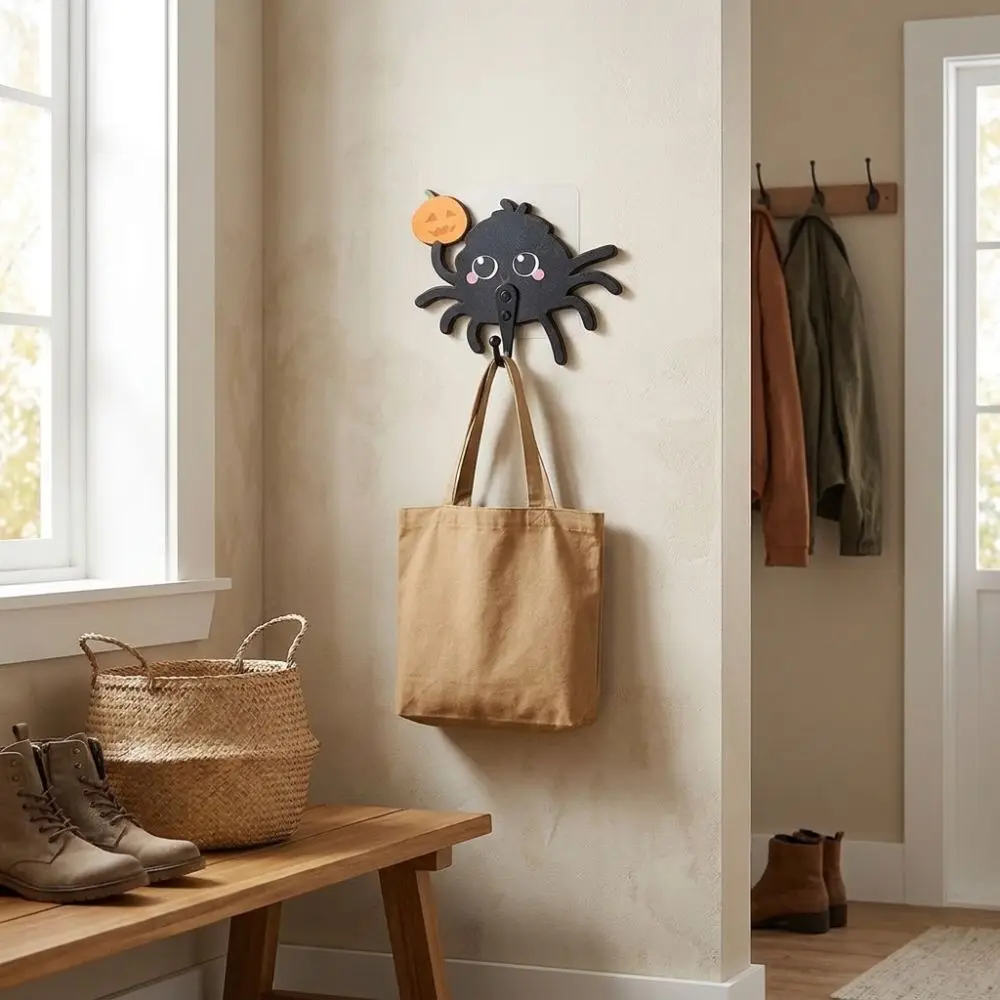 Wooden Halloween Cartoon Spider Hook No-Drill Cute Keys Holder Wall Mounted Gothic Style Spider Wall Hooks Home Decor