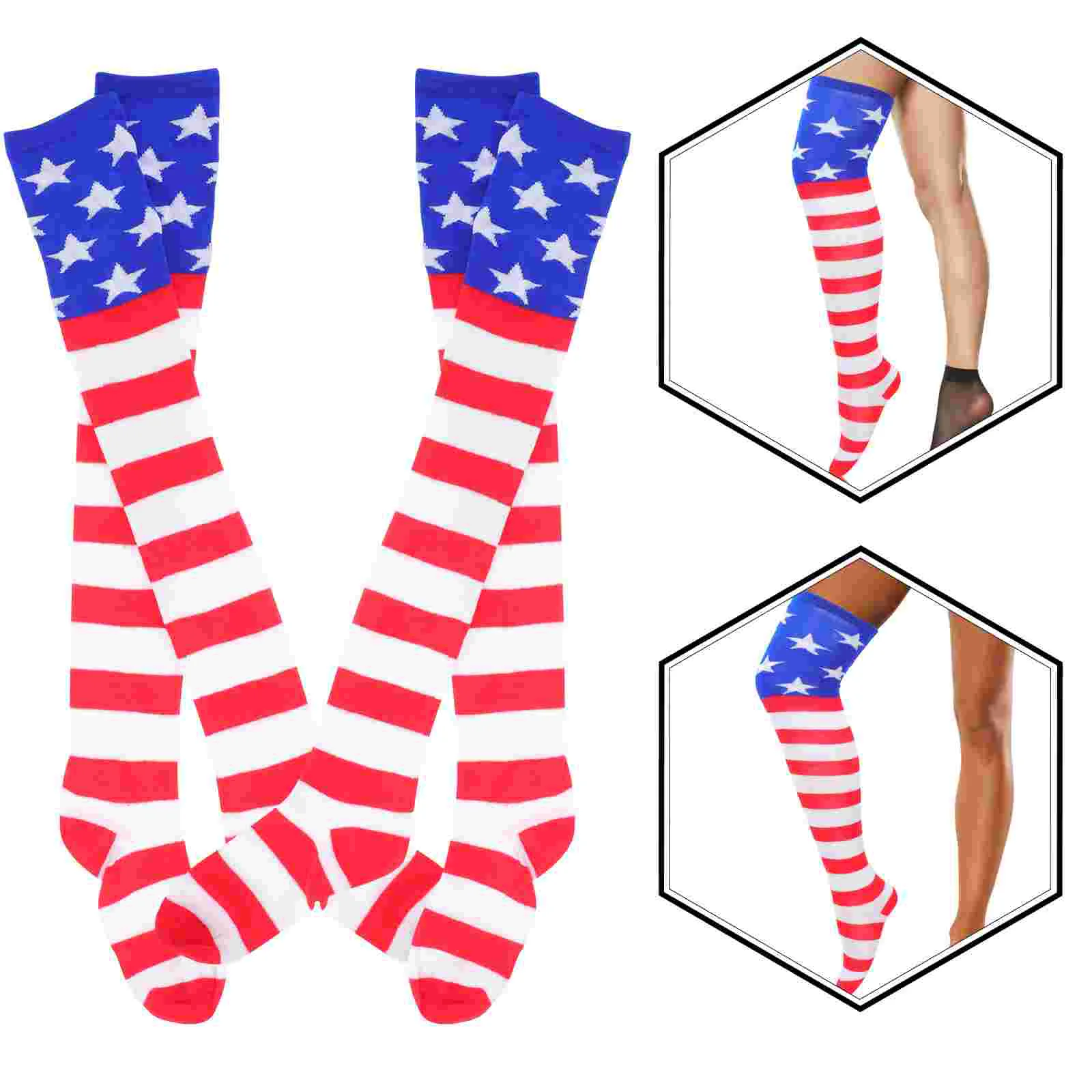 2 Pairs High Socks Striped American Flag Warm for Thigh Extra Long over Knee Patriotic Day Polyester Cotton