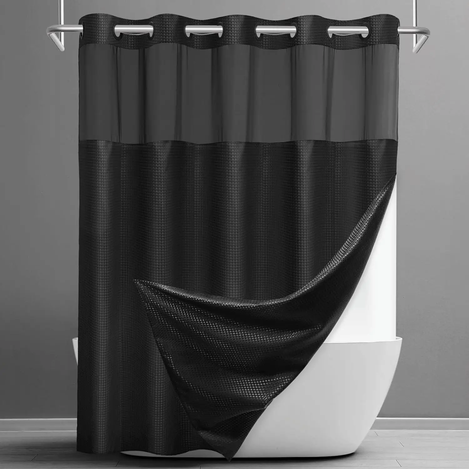 

No Hook Waffle Shower Curtain Set with Snap-in Liner, Waterproof, 71"x74", Black