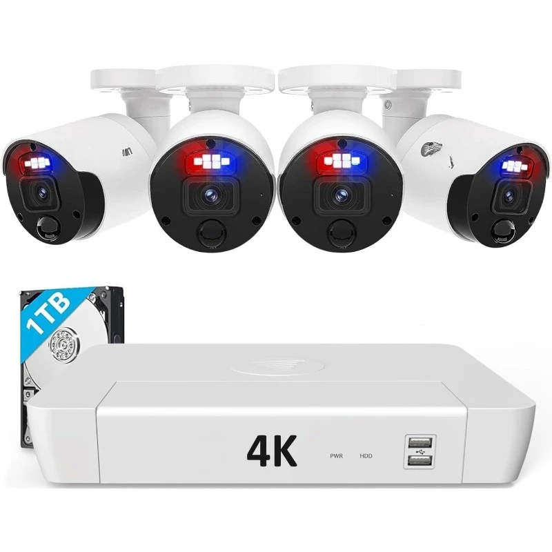 Pro 4K Ultra HD, 8 Channel Security System, 1TB NVR, 4 Bullet PoE IP Cameras Outdoor, Wired Surveillance CCTV, Heat Motion