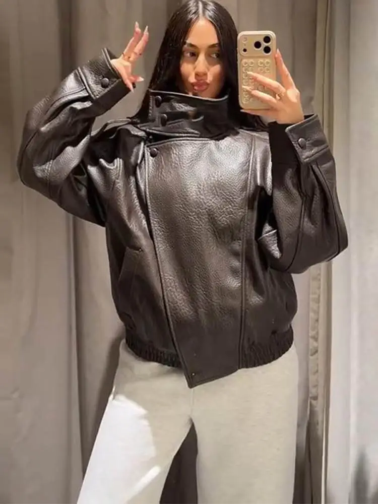 

2026 Spring Women's Faux Leather Jacket Brown Black Long Sleeve Stand Collar Thick Loose Lady Coat Fashion Motorcycle Streetwear