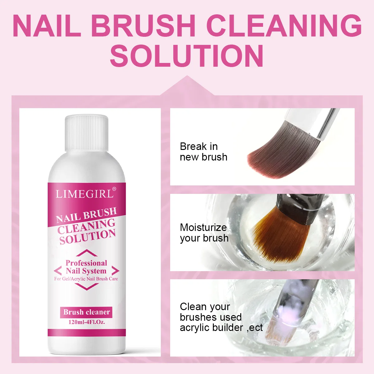 LIMEGIRL فرشاة تنظيف الأظافر الحل لتنظيف جل فرش الأظافر فرشاة الطلاء أدوات الرسم مع مجموعة مزيل غراء الأظافر 120 مللي