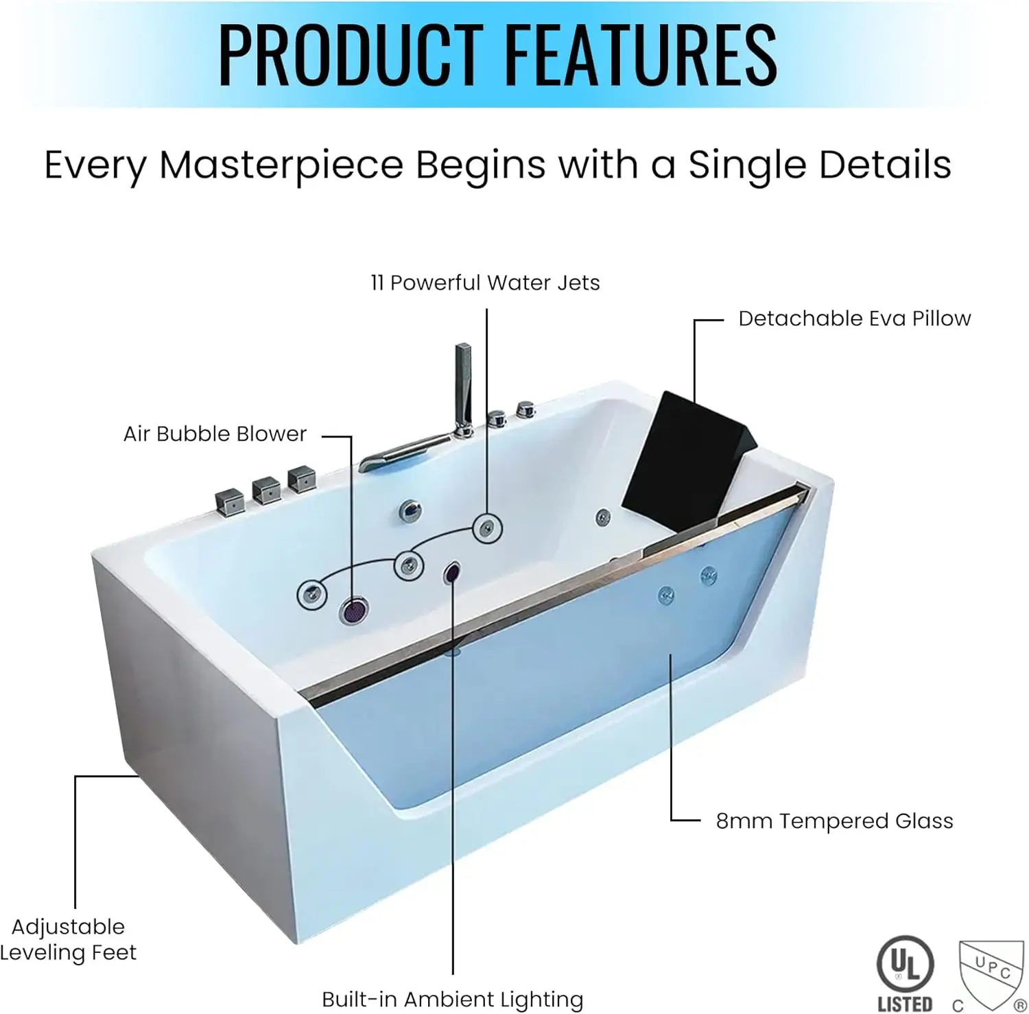 60” Whirlpool Tub, Hydro Massage Bathtub With 11 Water Jets, Spa Bathtub, Whirlpool Tub With Center Drain, Acrylic, White, Led