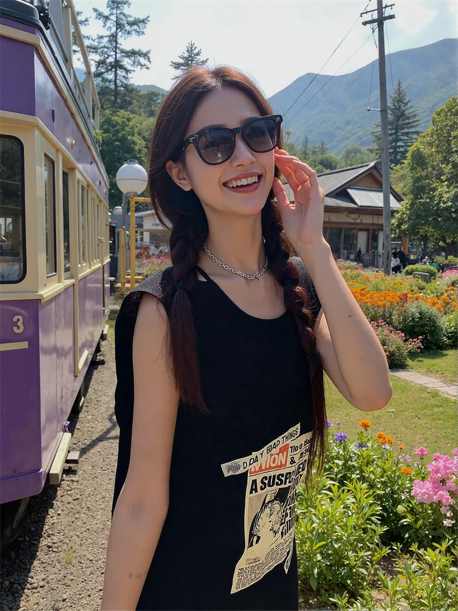 Abito da donna Giovane ragazza stile coreano Streetwear senza maniche con cinturino per spaghetti Cinghie con cinturino allacciato al collo Halter con scollo all'americana sexy