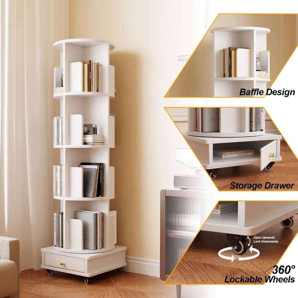 

Вращающийся книжный шкаф на 4 полки с колесиками и выдвижным ящиком, деревянный вращающийся стеллаж-органайзер для дома и угла помещения