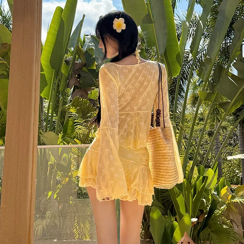 sexy yellow 3d flower bikini sets 4pcs with bow mesh tie cover smock ruffles mini skirt sweet swimsuits swimwear biquini tankini